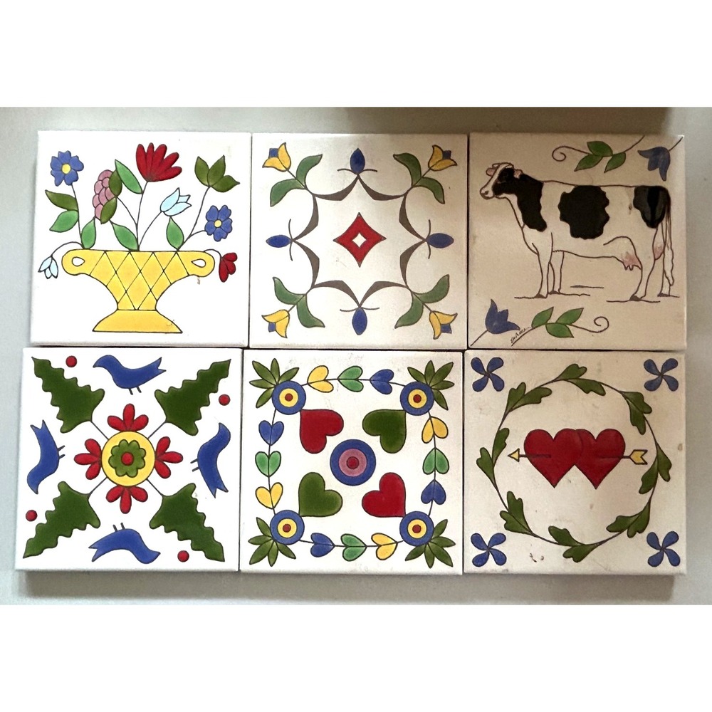 Vintage BESHEER Art Tile Trivet Set of 6 Hand Painted Farmhouse Made USA